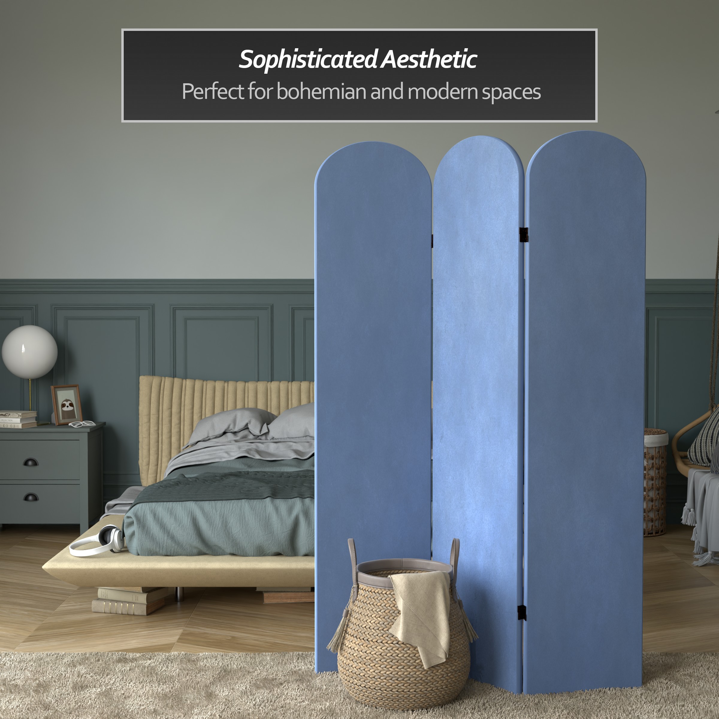 6 ft. Classic Arch Velvet Room Divider Blue 3 Panel
