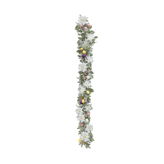 6 ft Easter Floral Garland - Bunny Ear Leaves Eggs Chrysanthemum - Spring Wall Hanging Decor - Artificial Flower Vine Home Party Supplies Mantel Fireplace Decoration Ornament Art