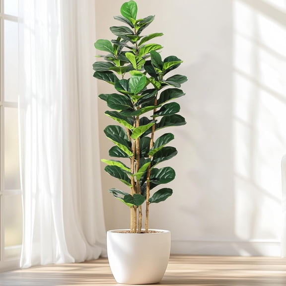 6 ft Faux Fiddle Leaf Fig Tree with White Pot, Faux Trees with Artificial Plants 74 Fiddle Leaves Greenery - Lifelike Fake Tree for Home Office Store Room Decor Indoor Outdoor