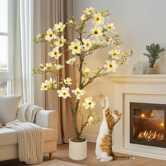 6 ft Faux Magnolia Plant Artificial Flower Trees Fake Plants for Yard Patio Home Office Arrangement Decor Artificial Magnolia Tree Inc. 180 Realistic Flowers Vivid Leaves Mosses Lighting White Pot