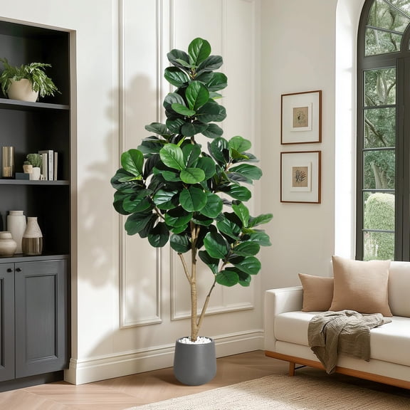 6 ft Fiddle Leaf Fig Tree Artificial with 108 Leaves - Realistic Faux Ficus Lyrata Trees in 9 in Grey Planter Pot, Indoor Fake Floor Plants for Home Office Living Room Decor, Housewarming Gift