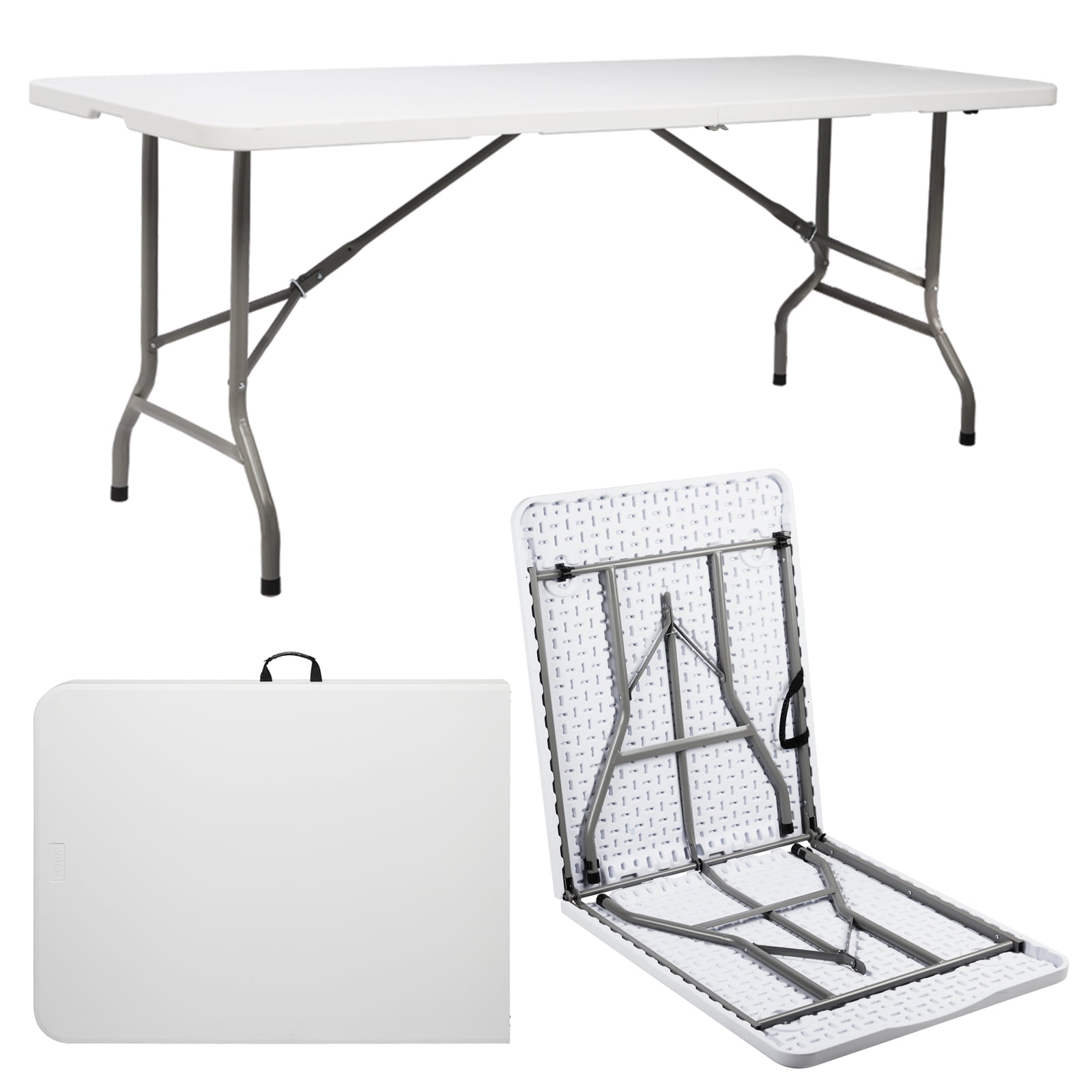 6 ft Foldable Long Table, White Top, Gray Plastic Pipe
