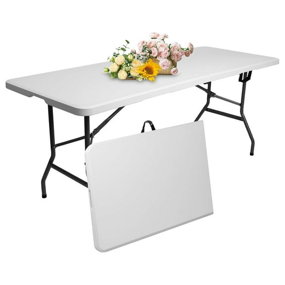 6 ft Foldable Plastic Table for Display, Camping, Party, Dining, Barbecue, Picnic with Carrying Handle - White