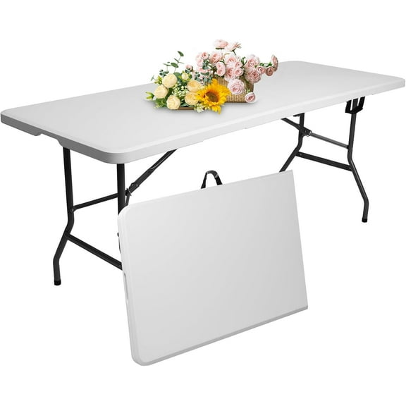 6 ft Foldable Plastic Table for Display, Camping, Party, Dining, Barbecue, Picnic with Carrying Handle - White