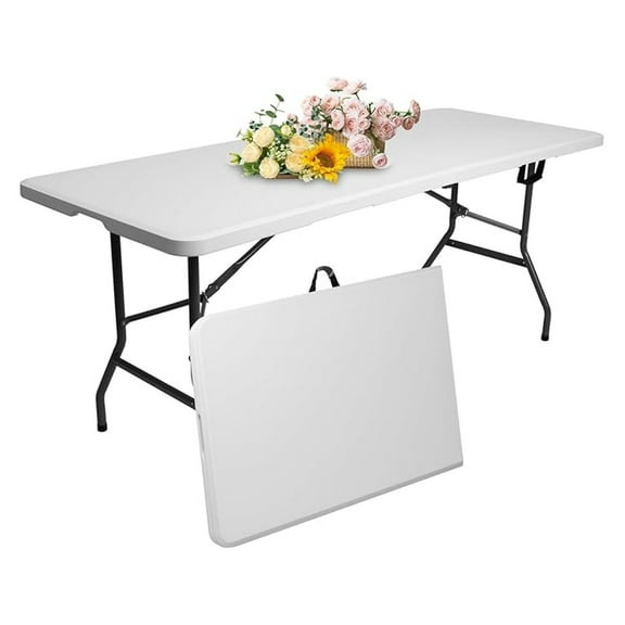 6 ft Foldable Plastic Table for Display, Camping, Party, Dining, Barbecue, Picnic with Carrying Handle - White