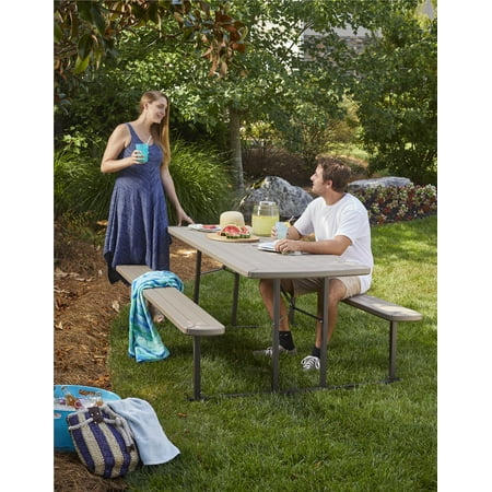 6 ft. Folding Blow Mold Picnic Table, Taupe Wood Grain with Brown Legs