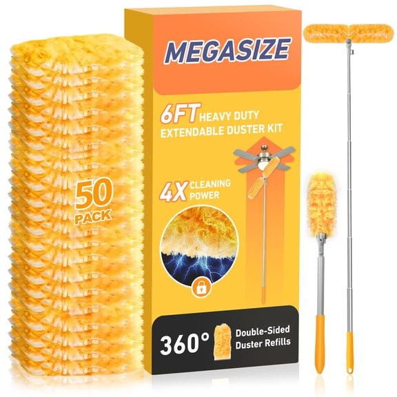 6 ft Heavy Duty Extendable Duster Handle with 50 Refills, 360° Multi-Surface Dusters with 4X Cleaning Power for Home, Ceiling Fans, Windows, Dusting Hard-to-Reach Areas