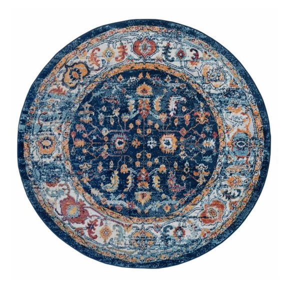 6 ft. Oriental Power Loom Round Area Rug, Blue & Orange