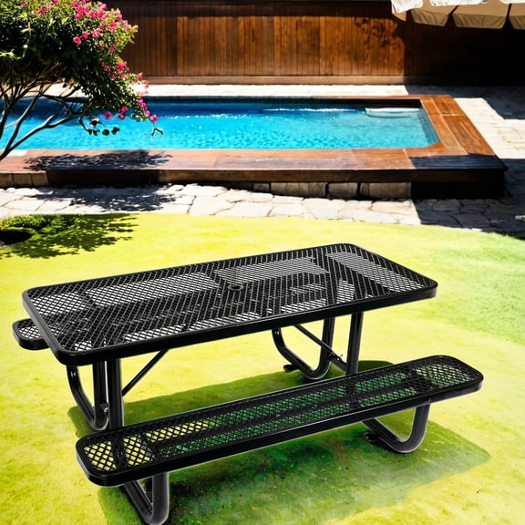 6 ft. Outdoor Steel Table with Umbrella Hole / Durable, Spacious for Cookout Parties