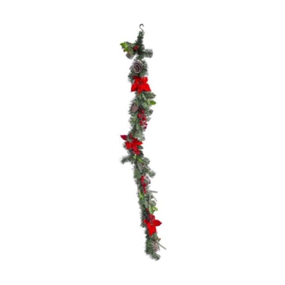6 ft. Pine Garland Poinsettia, Berries, Snowcap Pinecones