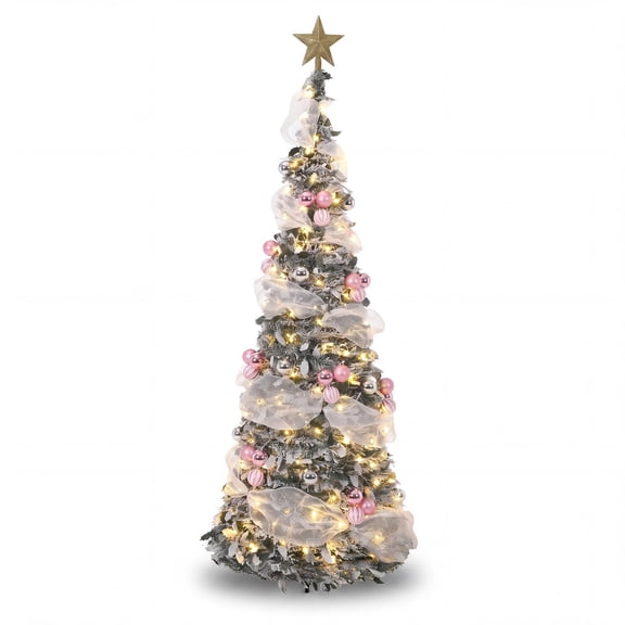 6 ft Pink Flocked Pop-Up Christmas Tree with 200 Lights