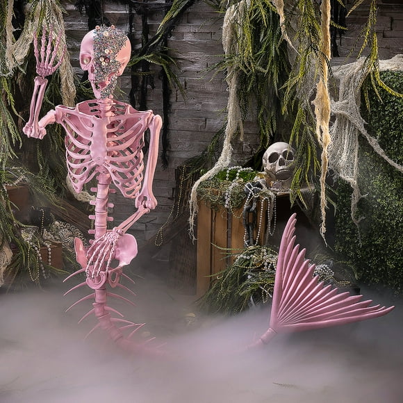 6 ft. Pink Life-Size Jeweled Mermaid Plastic Skeleton Halloween Decoration