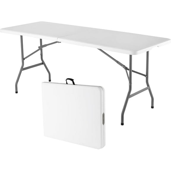 6 ft Plastic Folding Table Outdoor, Portable Picnic Table Camping Table,Rectangular Collapsible Table for Party,Banquet,Card,Wedding,Kitchen,BBQ with Lock,Carrying Handle - White