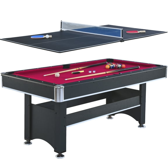 6-ft Pool Table with Table Tennis Top, 2-in-1 Game Table for Family Entertainment, Black with Red Felt, Includes Accessories & Adjustable Legs