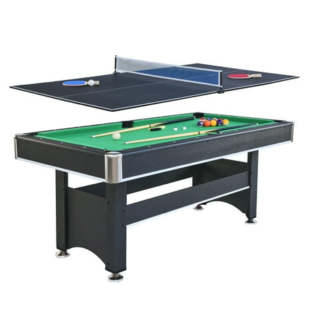6-ft Pool Table with Table Tennis Top - Black with Green Felt