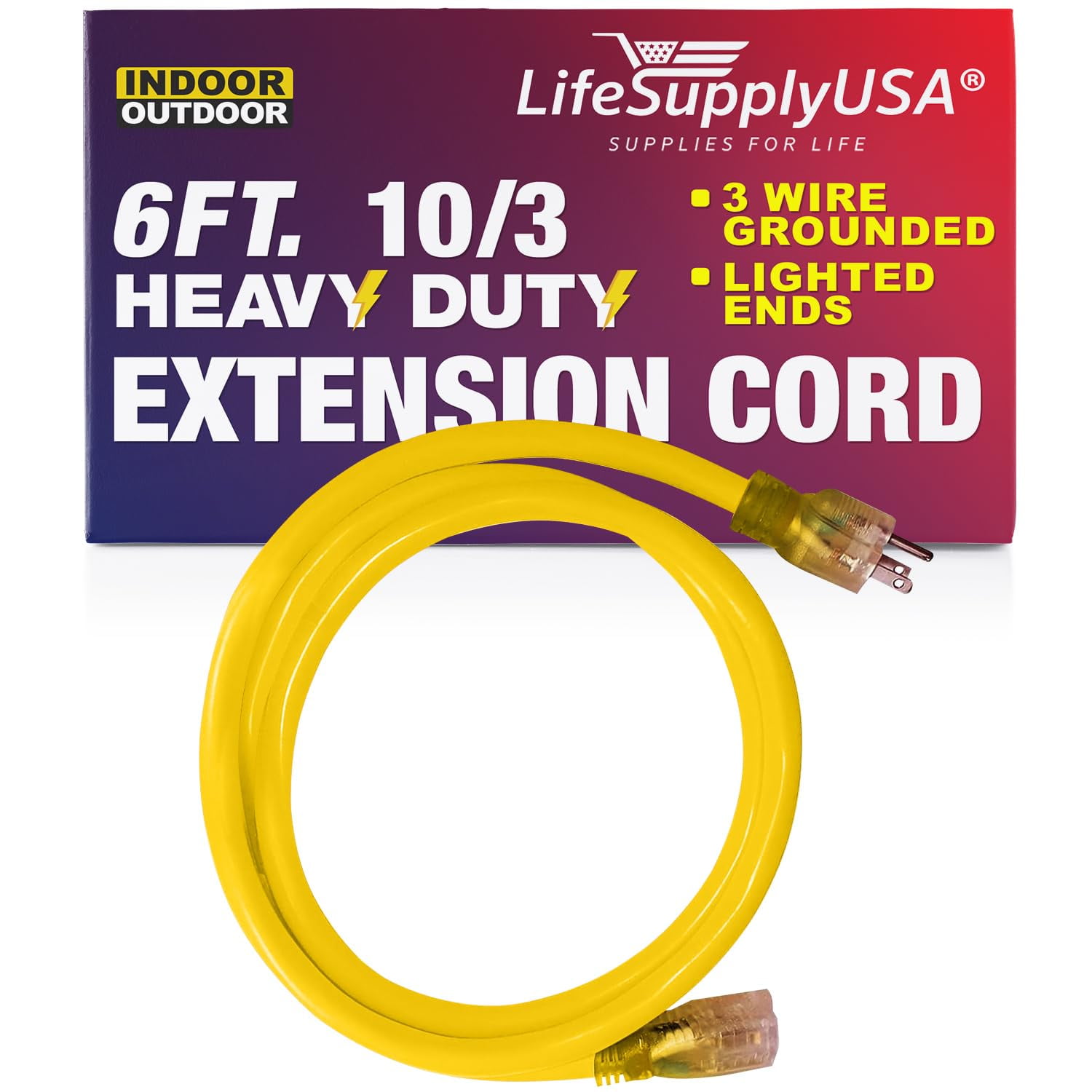ft Power Extension Cord Outdoor  Indoor Heavy Duty 10 Gauge/3 Prong SJTW  (Yellow) Lighted end Extra Durability 15 AMP 125 Volts 1875 Watts by  LifeSupplyUSA