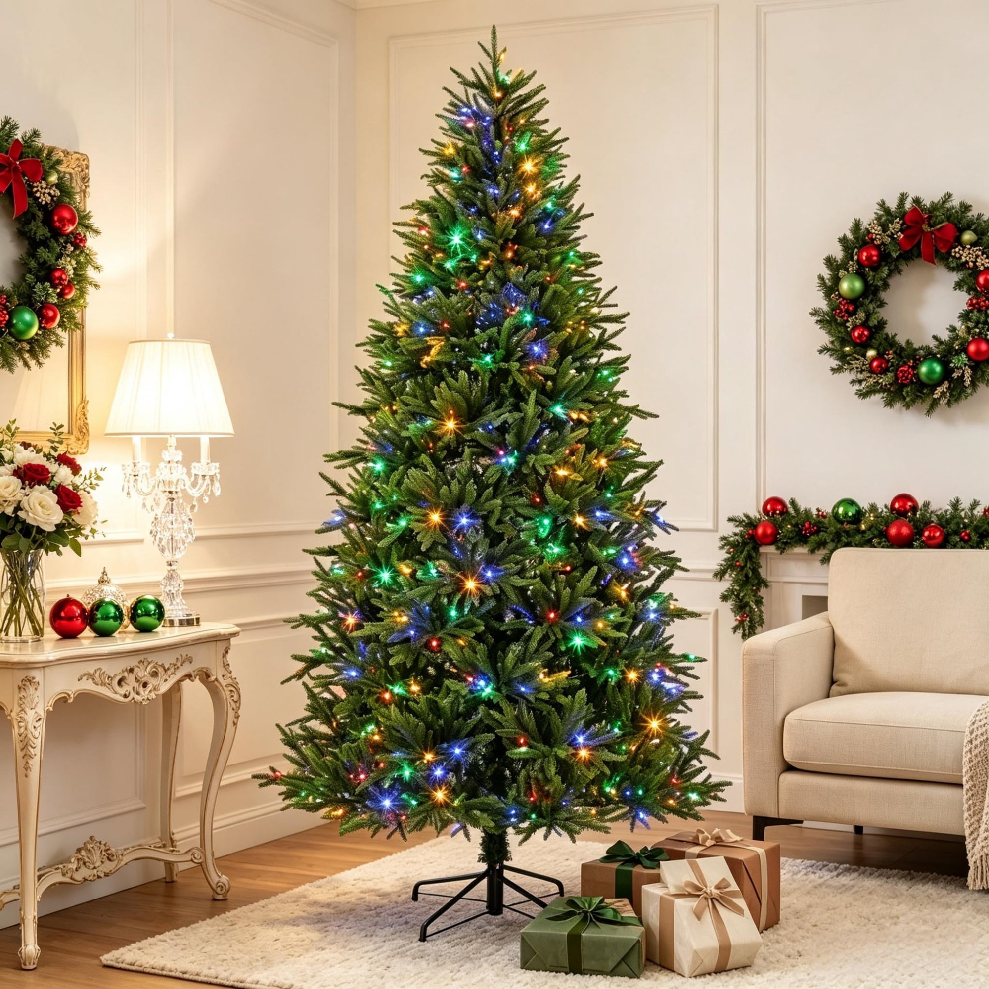 6 ft Pre-Lit Christmas Tree with 320 LED Lights, 11 Lighting Modes, Remote Control, 732 PE Tips, Hinged Assembly, Metal Stand