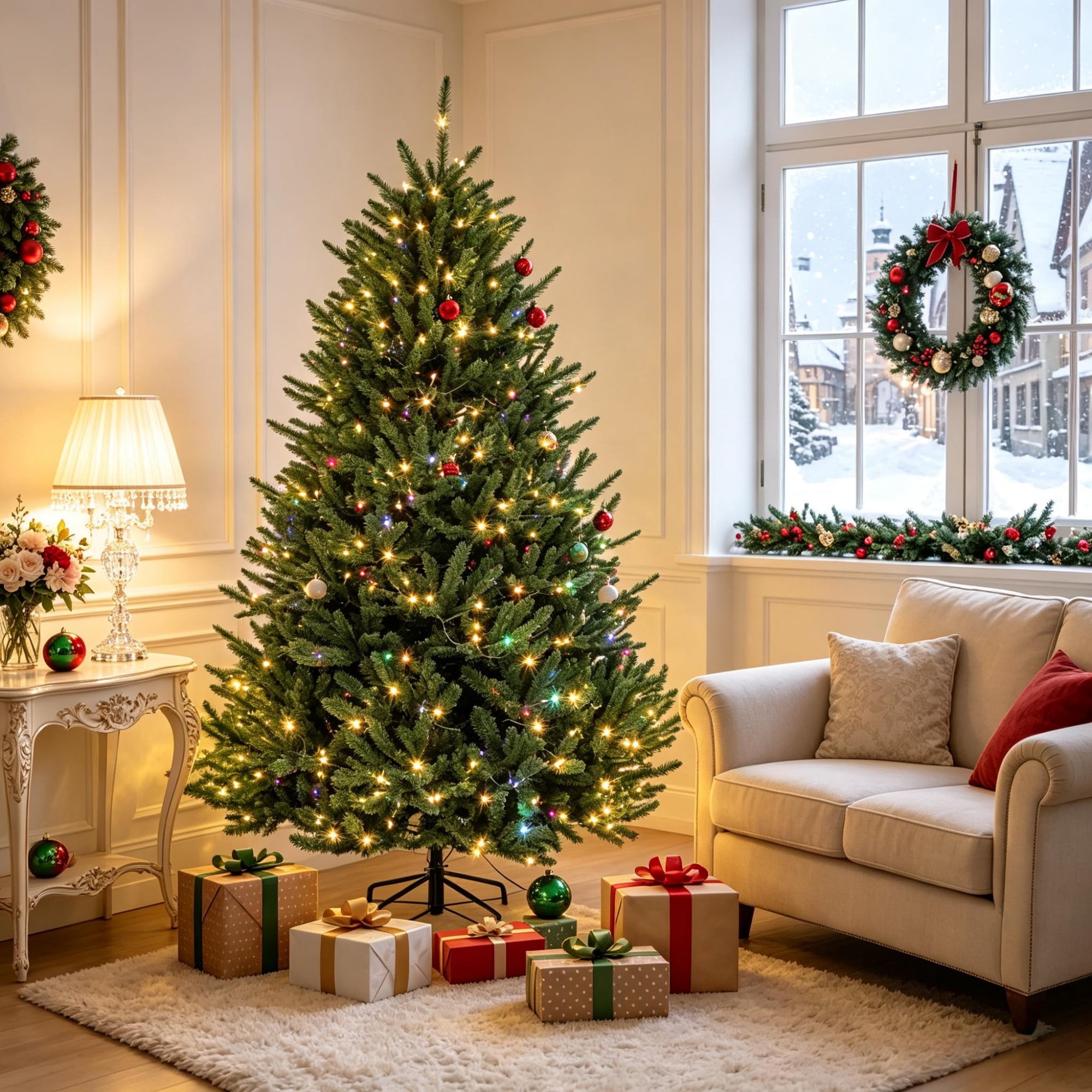 6 ft Pre-Lit Christmas Tree with Dual-Color LED Lights, 1492 Tips, 11 Lighting Functions, Hinged PVC Foliage and Metal Stand