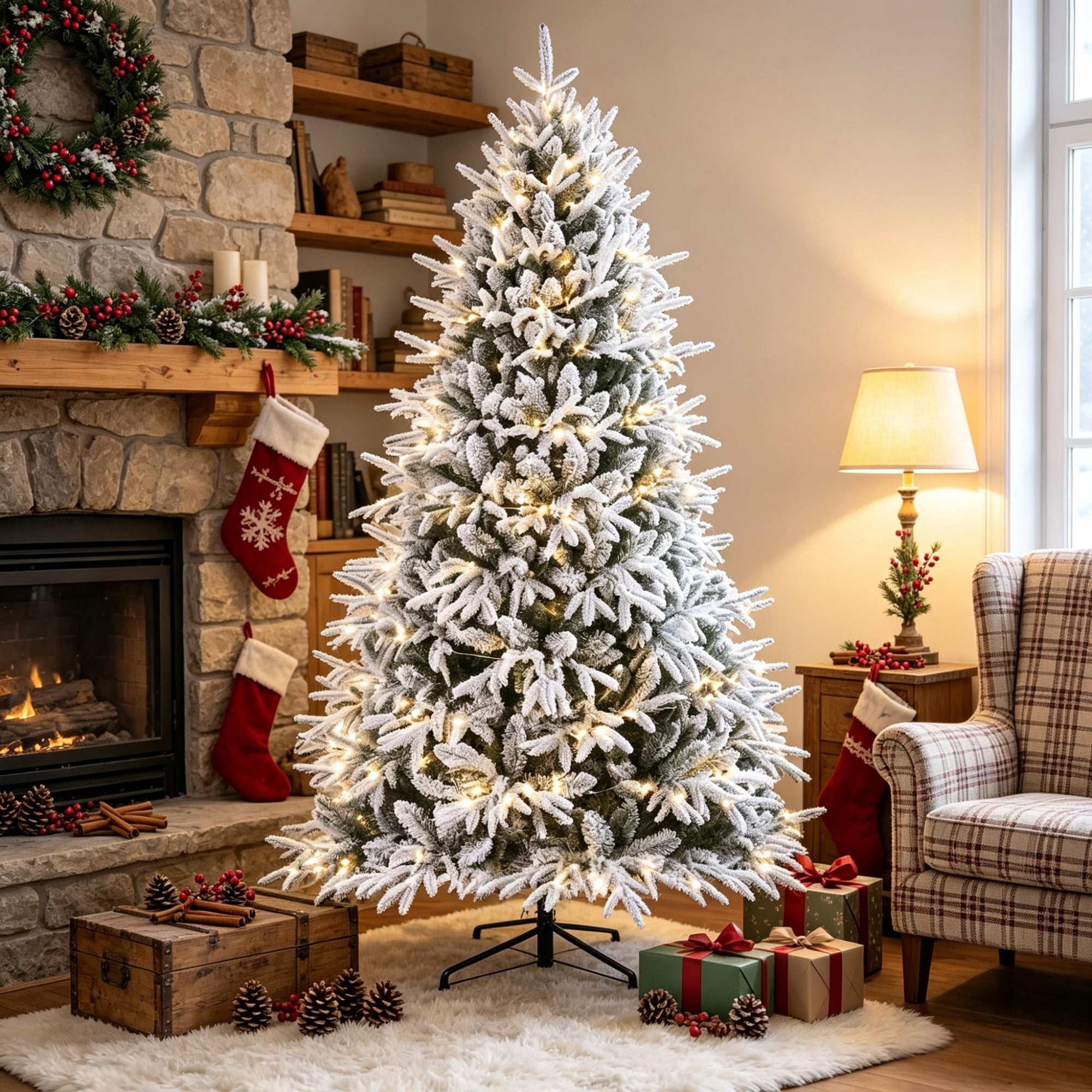 6 ft Pre-Lit Flocked Christmas Tree with 2015 Tips and 260 Warm White LED Lights, Hinged Design