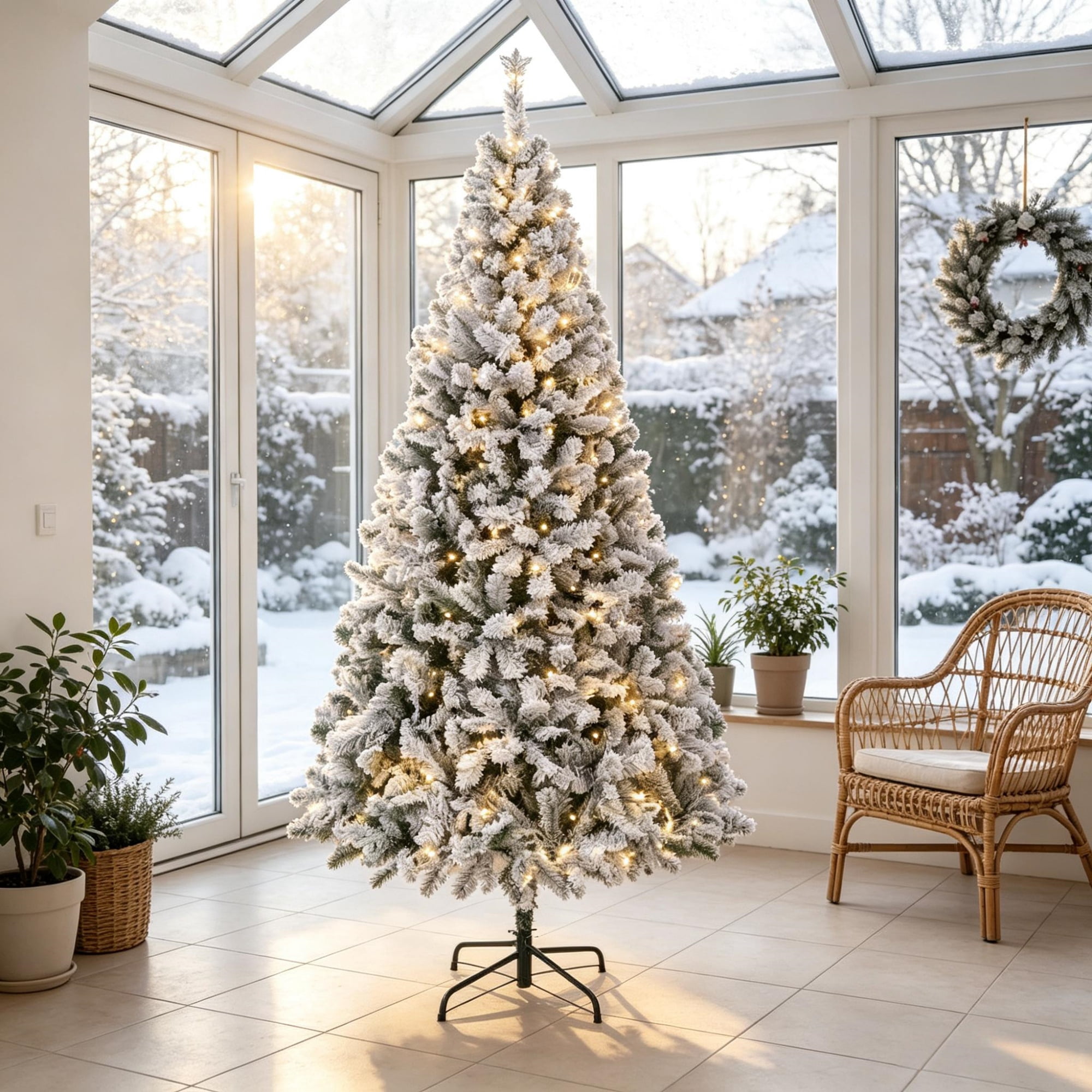 6 ft Pre-Lit Flocked Christmas Tree with Warm White Lights, Hinged Branches and Foldable Metal Stand