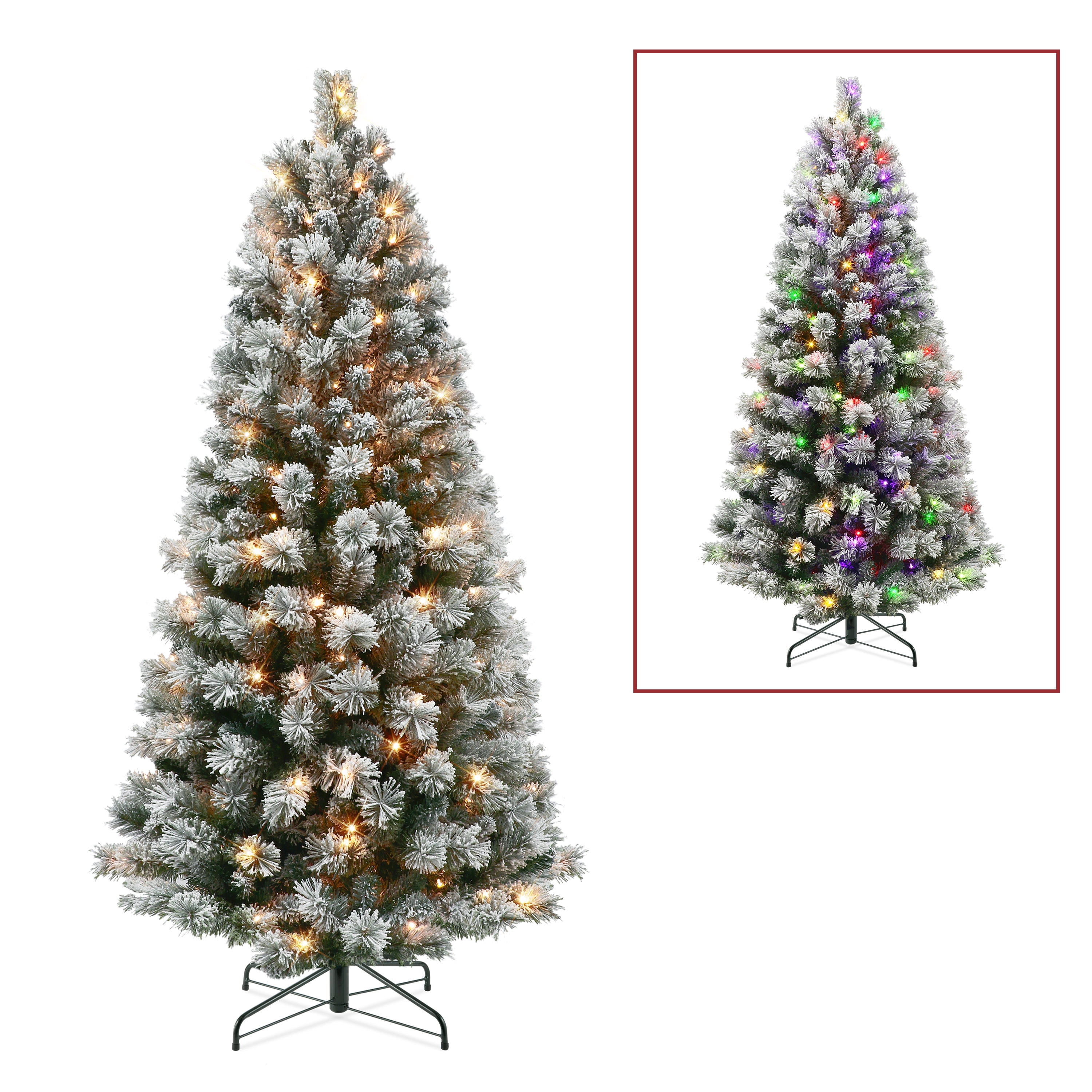 6 ft Pre-Lit Flocked Pine Artificial Christmas Tree with Multi-Color LED Lights