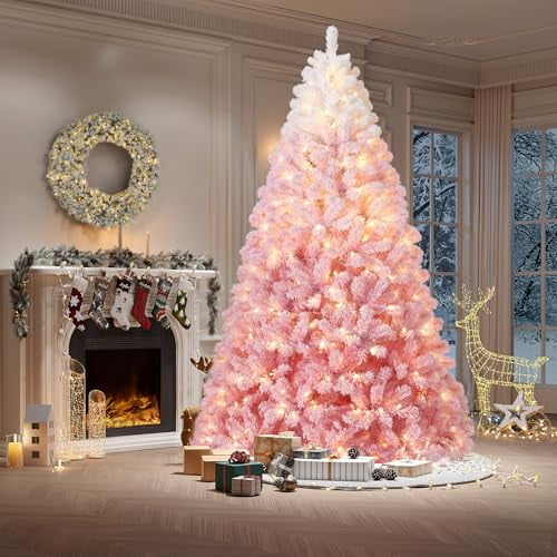 6 ft Pre-lit Artificial Christmas Tree with 250 Warm White LED Lights, Snow Flocked Christmas Tree with 750 Branch Tips & Metal Stand, Indoor Outdoor Xmas Decoration, Pink Gradient