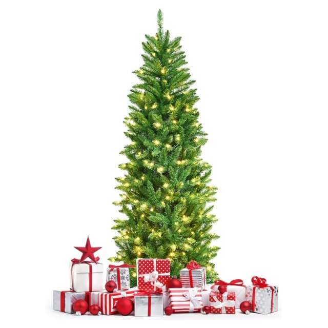 6 ft Prelit Artificial Pencil Christmas Tree, Hinged Fir Christmas
