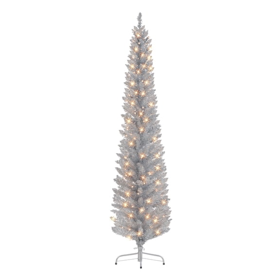6 ft Pre-lit Silver Tinsel Pencil Tree 250 Tips 100 UL Clear Incandescent Lights