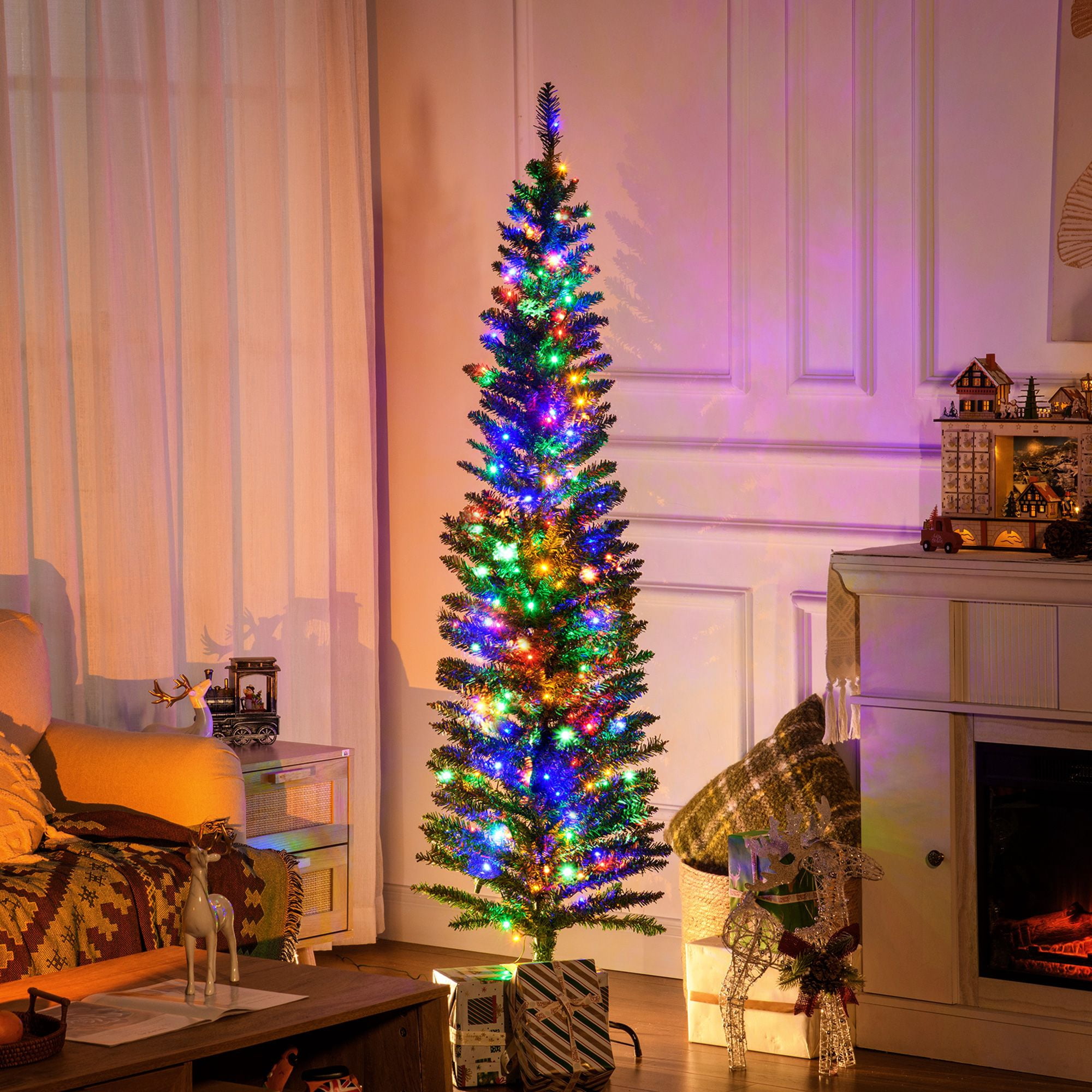 6 ft Prelit Artificial Pencil Christmas Tree with 150 Colorful LED Lights, 390 Tips, Steel Base, Skinny Space-Saving Holiday Decoration for Small Rooms and Entryways