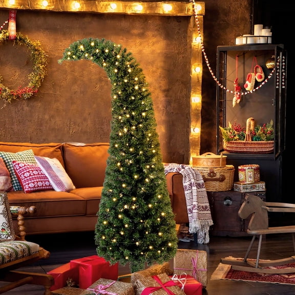 6 ft Prelit Bent Top Christmas Tree, Whimsical Xmas Tree Slim High Mountain Fir with 200 LEDs and Metal Stand, Green