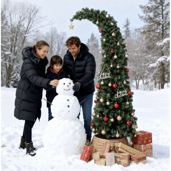 6 ft Prelit Bent Top Christmas Tree, Whimsical Xmas Tree Slim High Mountain Fir with 200 LEDs and Metal Stand