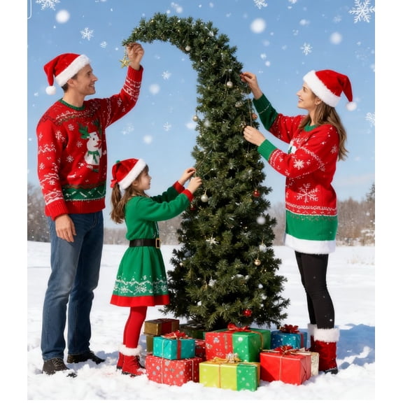 6 ft Prelit Bent Top Christmas Tree, Whimsical Xmas Tree Slim High Mountain Fir with 200 LEDs and Metal Stand