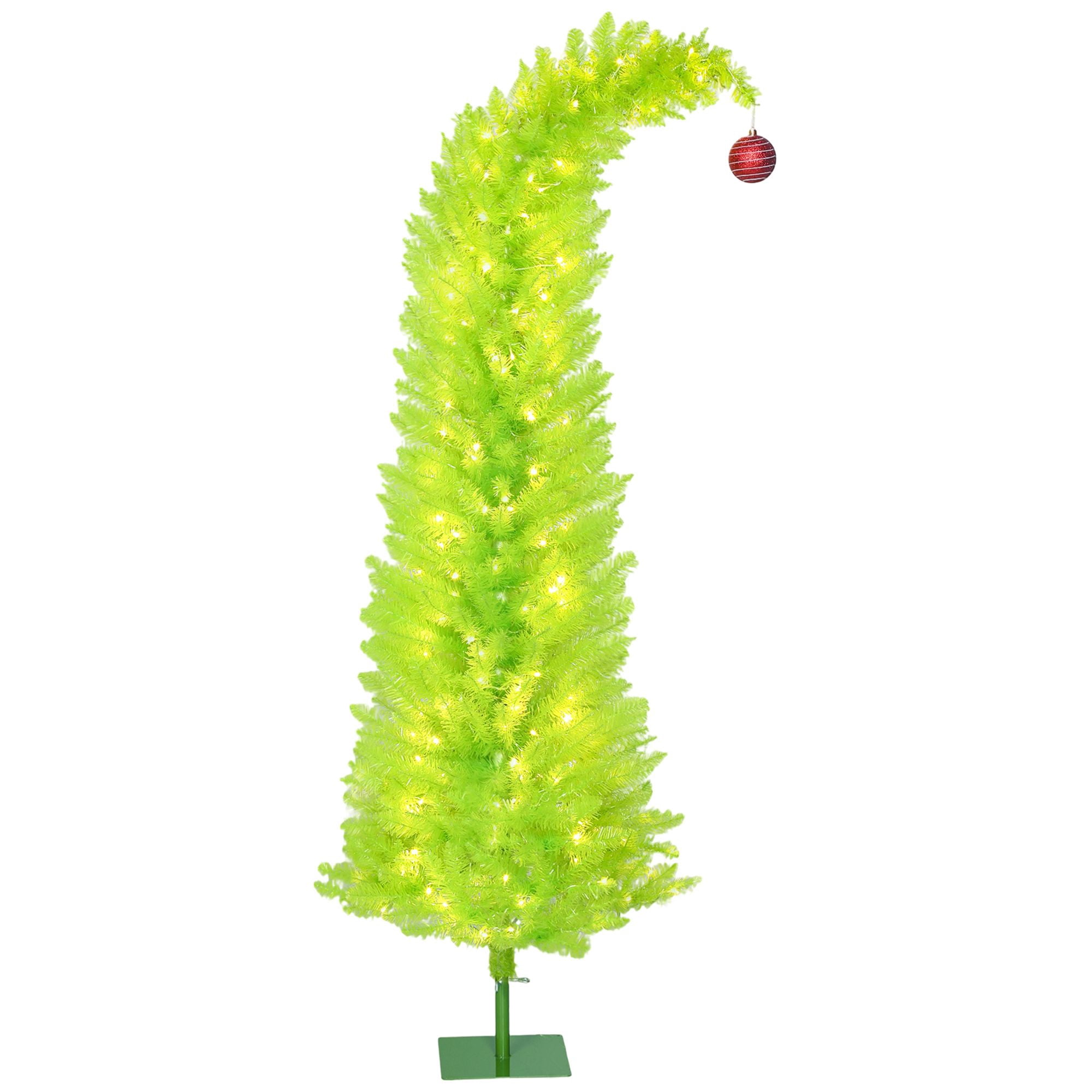 6 ft Prelit Pencil Christmas Tree with Bent Top, Red Ball Ornament, 230 Warm White LED Lights, 555 Tips, Metal Base, Indoor Holiday Decor for Small Spaces
