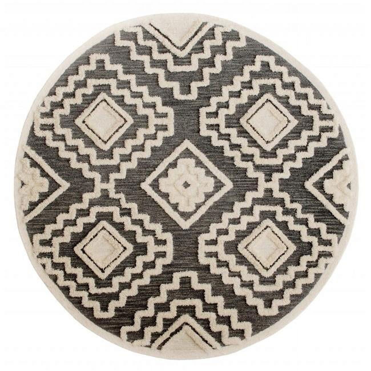 Gray and Cream Tufted Geometric Wool Round Area Rug, 6 ft.