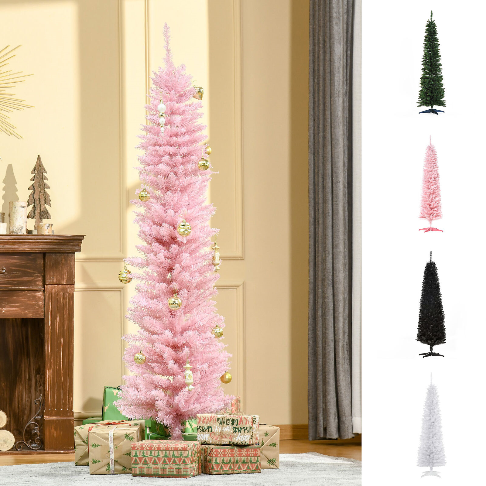 6 ft Slim Pencil Christmas Tree Flocked Christmas Tree, Spruce