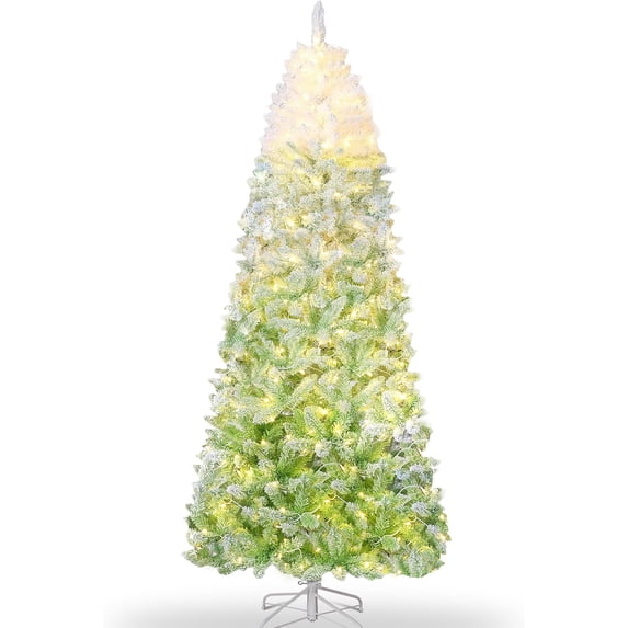 6 ft Snow Flocked Pencil Christmas Tree, Slim Artificial Christmas Tree with Sturdy Metal Stand, Skinny Xmas Tree Holiday Decoration for Home, Office, Green Gradient