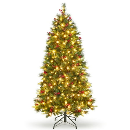 6 ft Snow-Tips Pre-Lit Christmas Tree with with Red Berries & Pine Cones Premium Artificial XMAS Tree for Home Metal Base