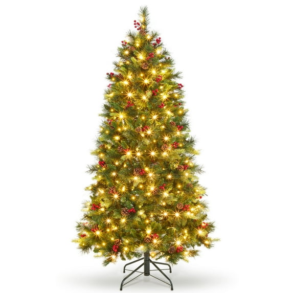 6 ft Snow-Tips Pre-Lit Christmas Tree with with Red Berries & Pine Cones Premium Artificial XMAS Tree for Home Metal Base