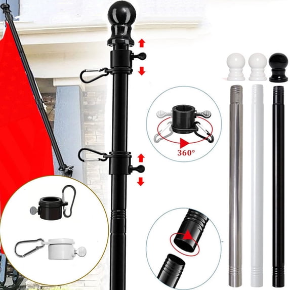 6 ft Stainless Steel Flagpole Kit, 5-Section Silver Pole with 360-Degree Rotating Rings, Ball Finial and 2 Flag Clips