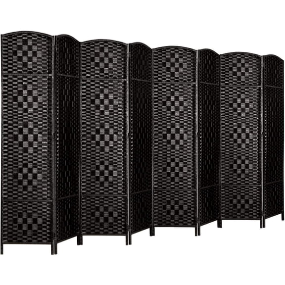 6 ft Tall 8-Panel Folding Room Divider with Two-Way Hinges, Natural Fiber Design, Black
