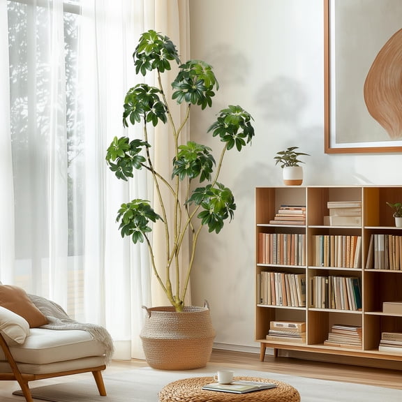 6 ft Tall Artificial Umbrella Schefflera Tree - Faux Multiple Trunk Plant in White Planter, Indoor Fake Floor Tree for Home, Office, Porch Decor