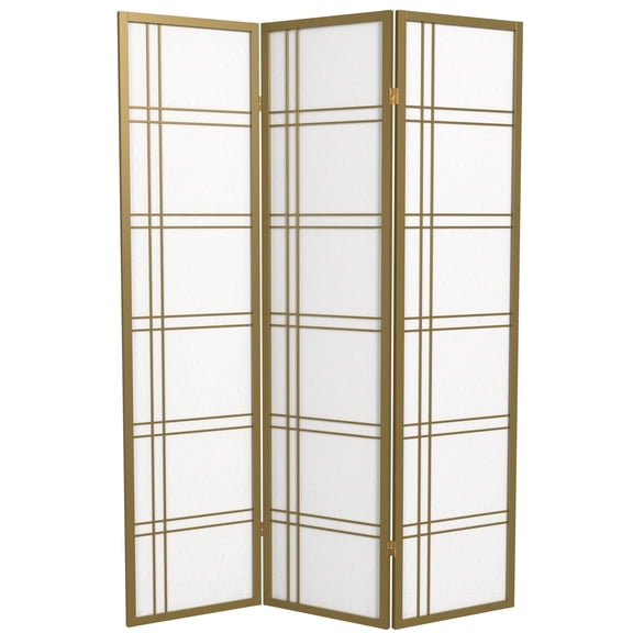 6 ft Tall Shoji Screen Double Cross Gold Panels Freestanding Room Divider