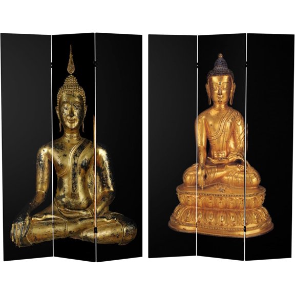 6 ft. Tall Double Sided Thai Buddha Room Divider 3 Panel Freestanding Folding Privacy Screen, Partition, and Separator for Modern and Contemporary Bedroom Home Office Studio Dorm Apartment