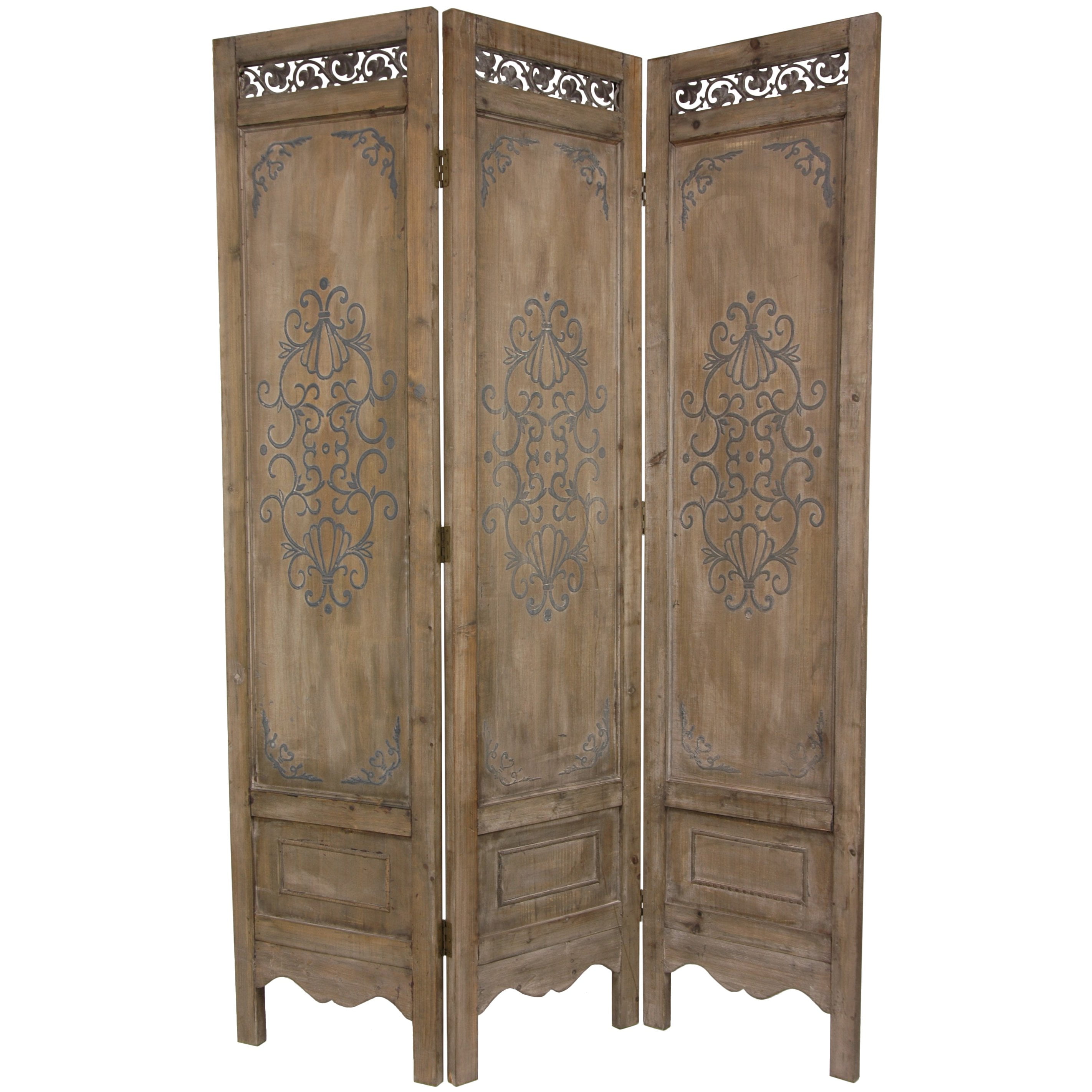 Handcrafted 6 ft. Tall Antiqued Scrollwork Design Room Divider in Distressed Wood Finish