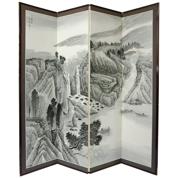 6 ft. Tall Handpainted Chinese Silk and Paper Screen Divider - Misty Mountain