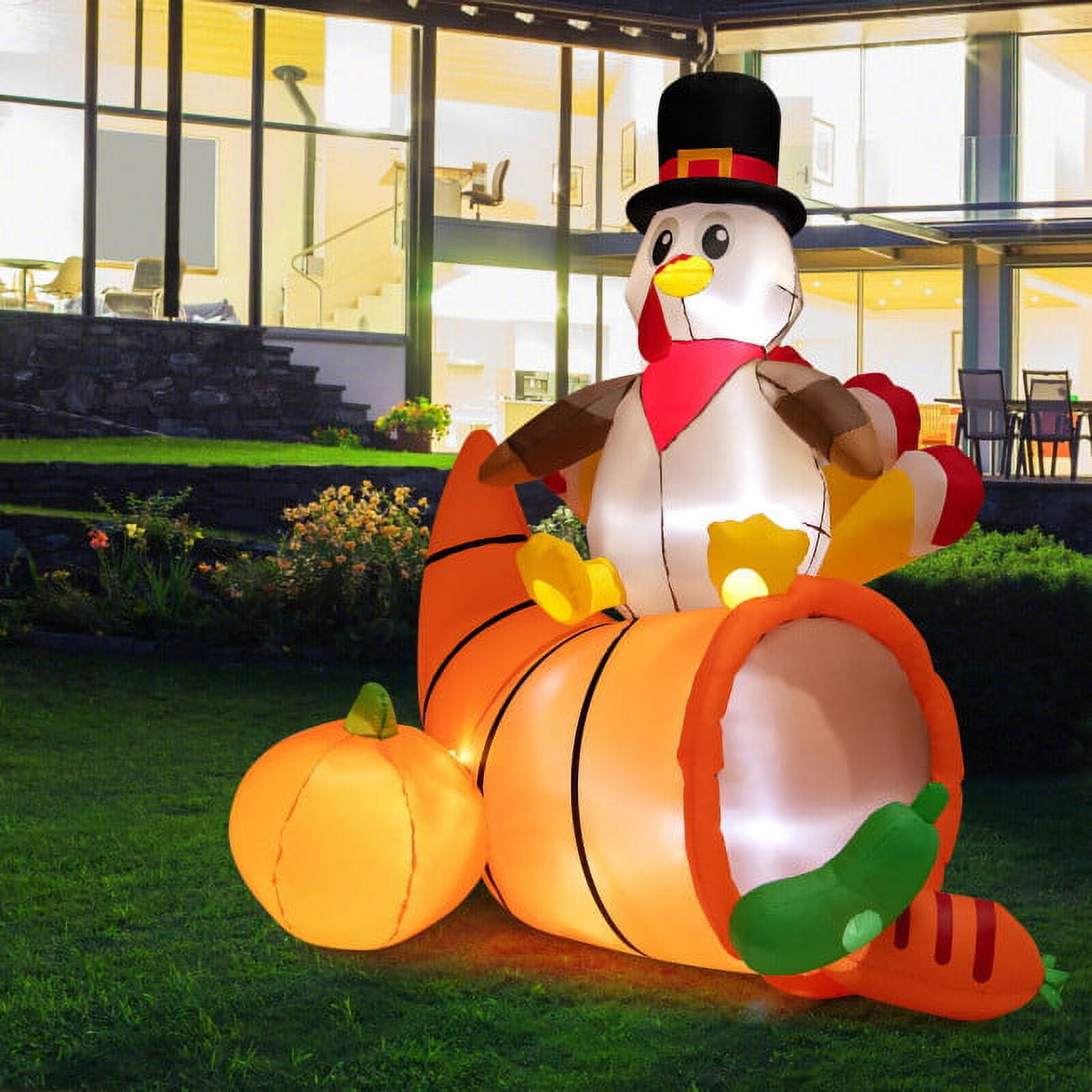 6 ft Thanksgiving Inflatable Turkey on Cornucopia Harvest Autumn Blow Up Decoration with LED