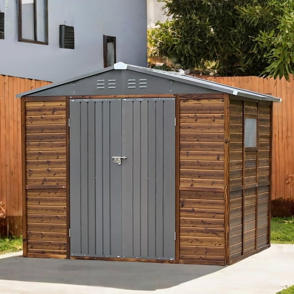 8 ft. W x 6 ft. D Outdoor Iron & Solid Woodo Tool Storage Shed with Two Doors and Windows