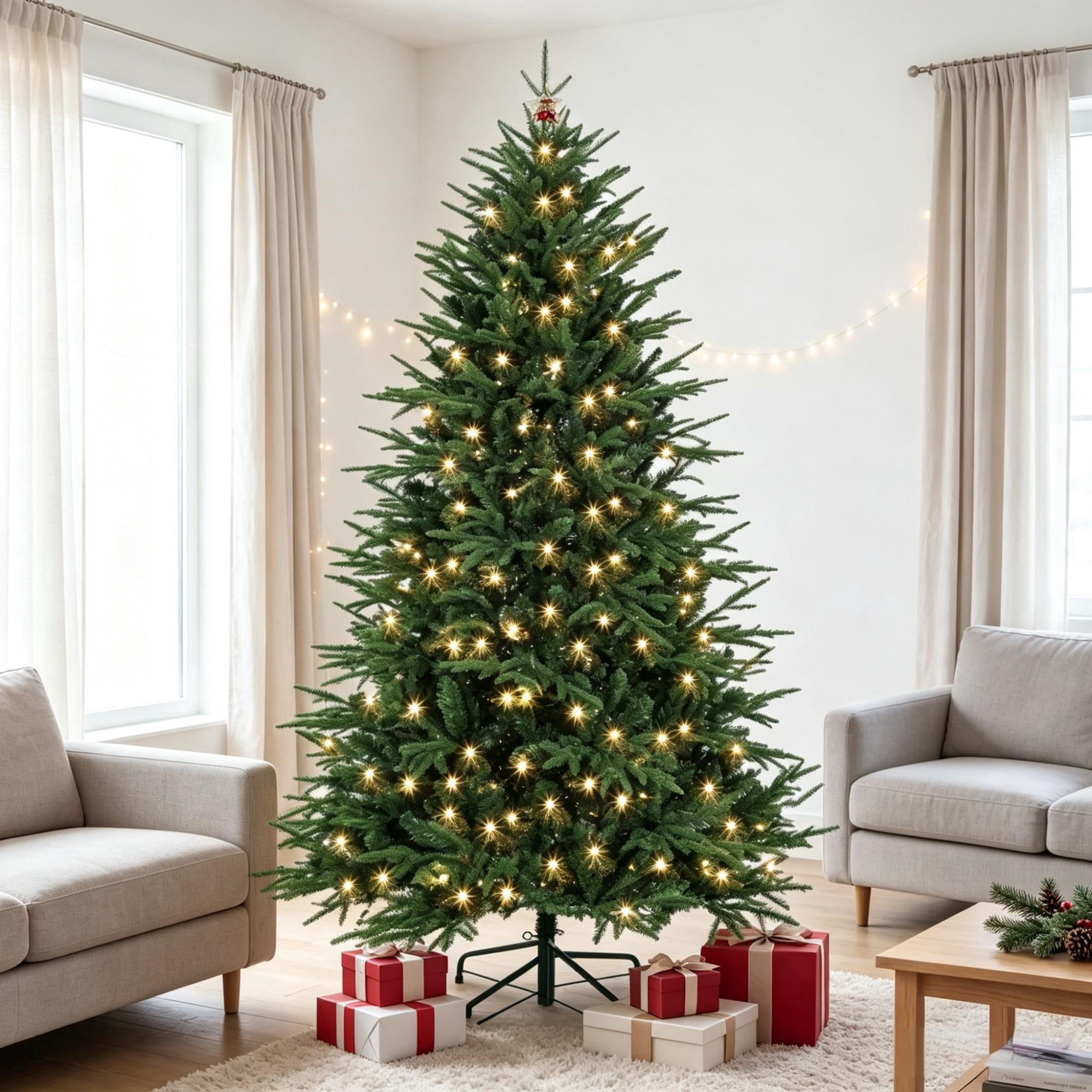 6 ft Wide Pre-Lit Christmas Tree with 300 Warm White LED Lights, 2345 Tips, Hinged Design, PE and PVC Foliage, Metal Stand
