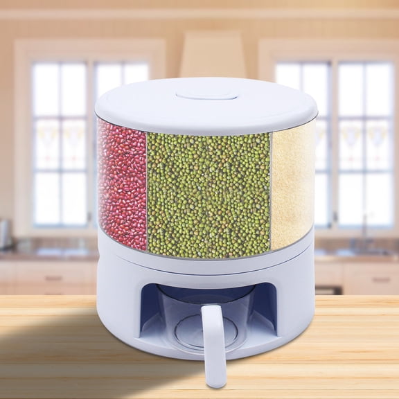 6-grid 360 Rotating Grain Dispenser, Adjustable Compartment Size Clear Rice Dispensers, 11kg/24lbs Grain Storage Container, Round Granular Dry Food Dispenser, 13.19*11.61in White