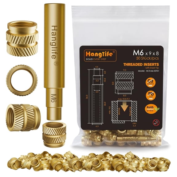 6 heat setting threaded inserts with insertion tip, for 3D printing components and plastic parts heat setting inserts, using soldering iron pressure tool - brass metric knurled nut (50 pieces)